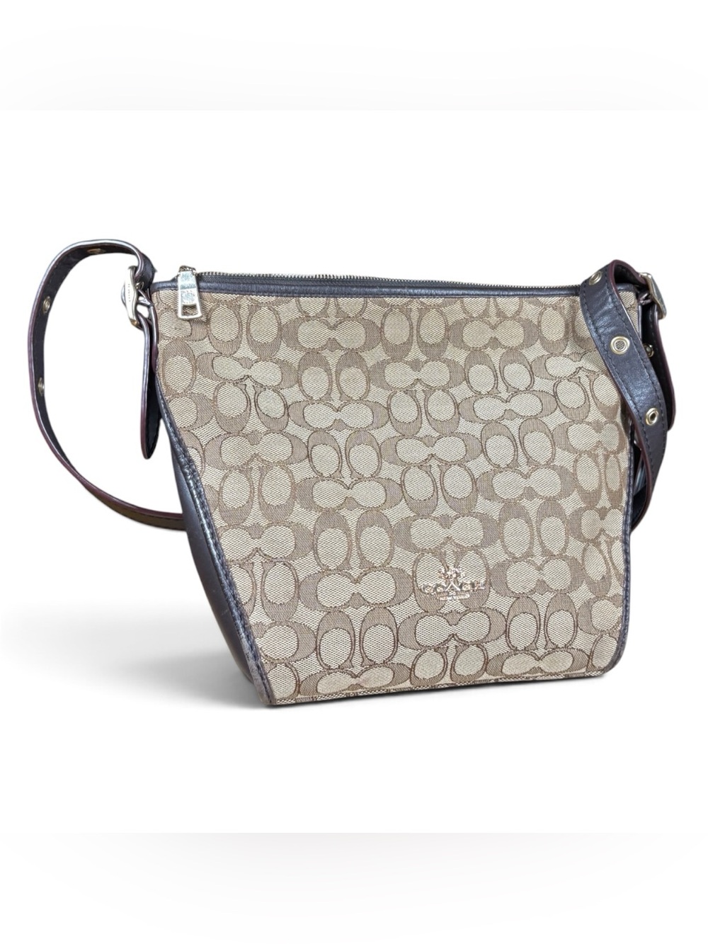 Coach Small Dufflette in Signature Jacquard Shoulder Purse Bag Khaki Brown